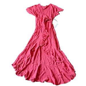 Young Fabulous & Broke Short Sleeve Wrap Dress Bold Pink Flowy Ruffle Medium NWT